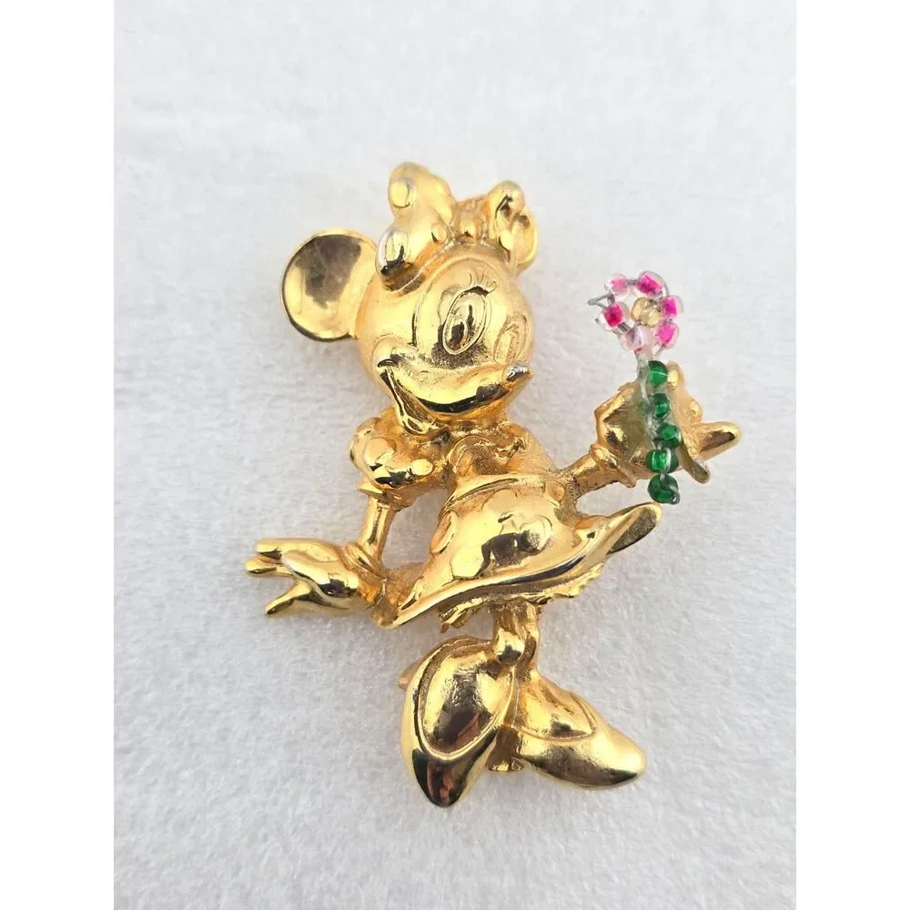 Vintage Disney Minnie Mouse Brooch Pin Flower Power Gold Plate Y2K 80's 90's
